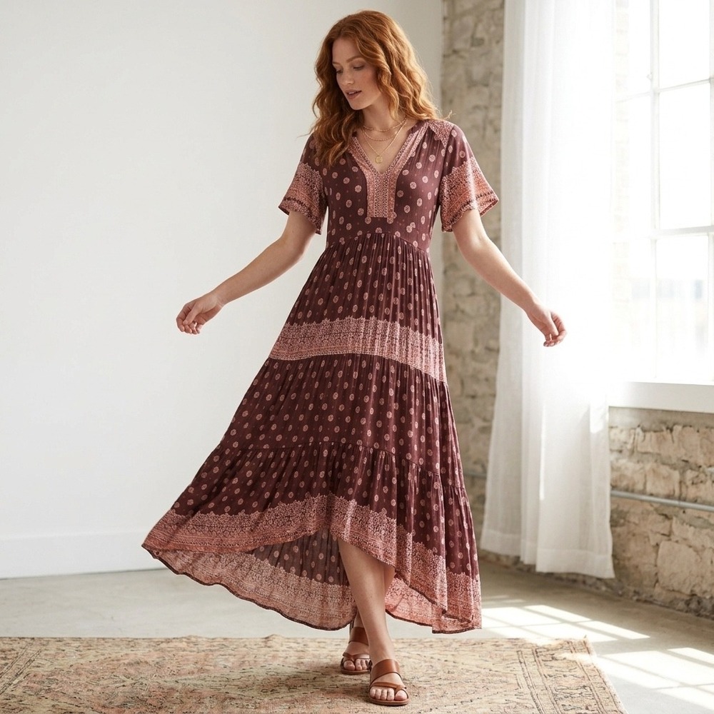 Knox Rose Burgundy and Blush Floral Maxi Dress